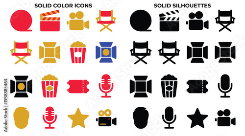Collection of solid color and silhouette icons representing various elements of filmmaking and cinema, including cameras, directors chairs, popcorn, and spotlights.