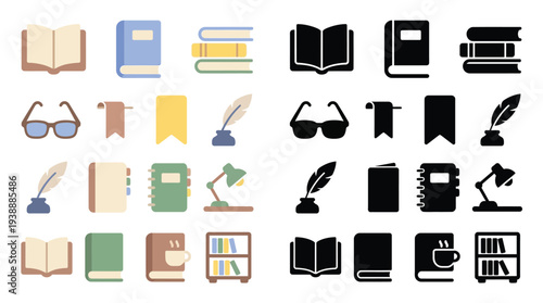 A collection of colorful and black and white icons representing books, reading, writing, and study materials.