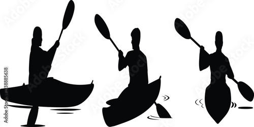 Set of black silhouettes featuring people paddling in kayaks on water for outdoor summer adventure sports and active leisure travel concepts