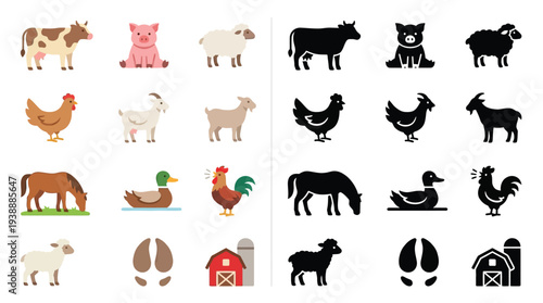 Collection of farm animal icons in both colorful and silhouette styles, including cows, pigs, sheep, chickens, horses, ducks, roosters, goats, and farm buildings.