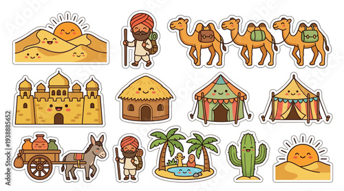 A charming collection of cartoon-style illustrations depicting desert life, including camels, a man in traditional attire, a donkey cart, various dwellings, and arid landscapes.