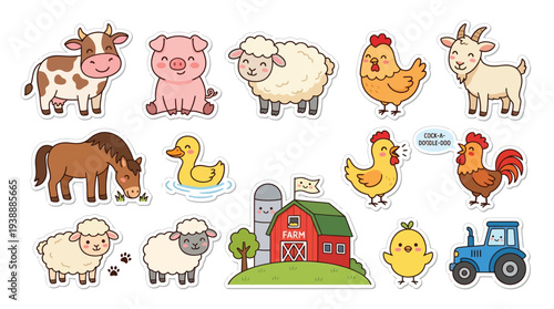 A charming collection of cute cartoon farm animals, including a cow, pig, sheep, chickens, goat, horse, duck, and chick, alongside a barn and tractor.