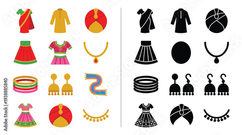 Collection of colorful and black and white Indian traditional clothing and accessories for men and women, presented in a grid format.