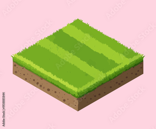 Isometric Mowed Lawn Tile Plant Illustration with Grass Lines for Sports Field and Garden Maintenance
