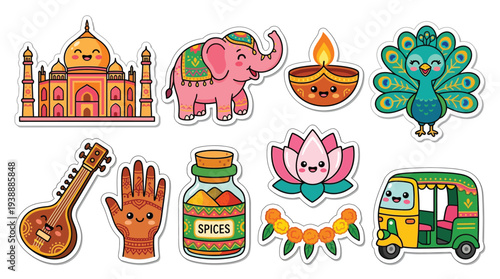 A collection of cute, cartoon-style Indian cultural icons including the Taj Mahal, an elephant, a diya lamp, a peacock, a sitar, a hand, spices, a lotus flower, a garland, and an auto-rickshaw.