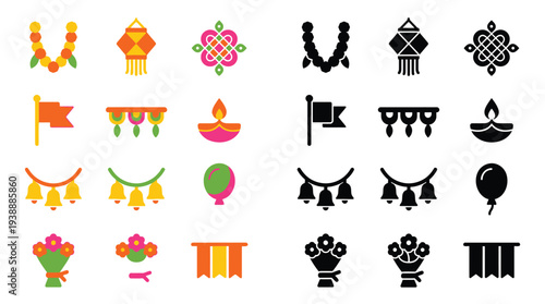 Collection of colorful and silhouette icons representing Indian festival decorations and symbols, including lanterns, garlands, diyas, and floral arrangements.
