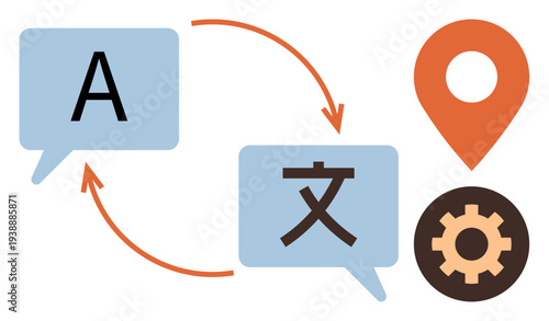Language learning, translation apps, localization tools, global communication, multilingual services, software integration. Two speech bubbles with arrows, map pointer and gear icon. Language
