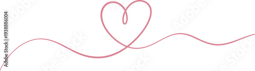Elegant single line drawing of a pink heart shape with a flowing tail isolated on transparent background