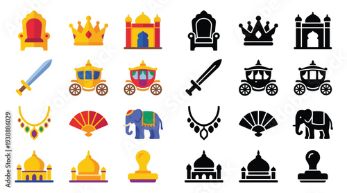 Collection of colorful and silhouette icons representing royalty, transport, and cultural elements, including thrones, crowns, carriages, elephants, and buildings.