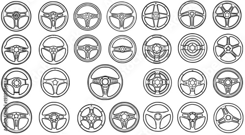 Black and White Line Art Collection of Various Car Steering Wheels, Automotive Industry Vector Icons