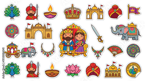 A vibrant collection of Indian cultural icons, featuring royalty, animals, and architectural elements, presented in a playful, cartoonish style.