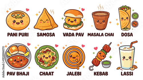 A vibrant and colorful illustration showcasing a collection of popular Indian street food dishes and beverages, each depicted with a cute, kawaii-inspired design and a smiling face.