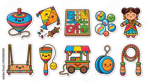 A collection of cute, cartoon-style Indian traditional toys and games, including a spinning top, kite, Ludo board, marbles, a doll, a swing, a drum, a food cart, a yo-yo, and a jump rope.