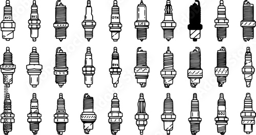 Automotive Spark Plugs Line Art Icons Set. Black and White Outline Illustrations of Various Engine Ignition Components for Car Repair and Maintenance Industry.