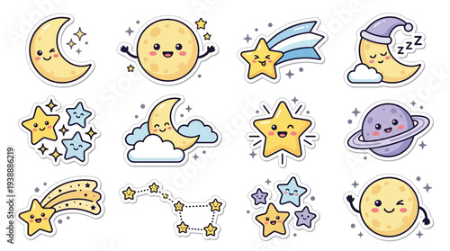 Collection of cute cartoon celestial bodies including moons, stars, planets, and shooting stars with happy faces.