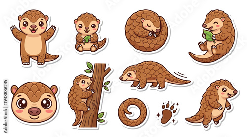 Collection of cute cartoon pangolins in various playful poses, showcasing their unique scaly appearance and gentle nature.