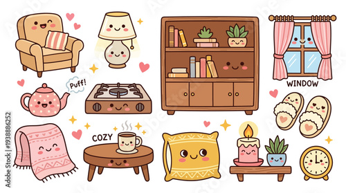 A charming collection of kawaii-style illustrated home decor items, featuring anthropomorphic furniture and accessories that evoke a sense of warmth and comfort.