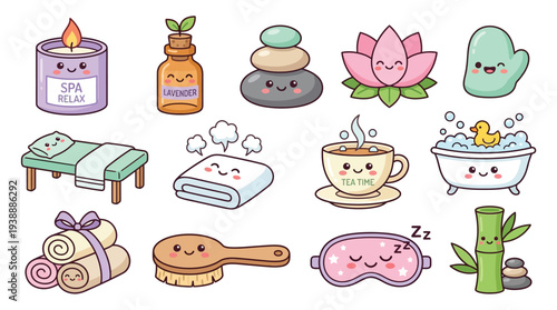 A collection of cute, kawaii-style spa and relaxation-themed illustrations featuring a candle, massage bed, towels, bath, and more.