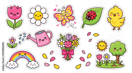A charming collection of kawaii-style spring and summer illustrations featuring cute flowers, a watering can, a rainbow, a chick, a ladybug, and a butterfly.