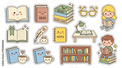 A charming collection of kawaii-style illustrations depicting various elements related to reading and learning, including books, a desk lamp, glasses, and children enjoying literature.