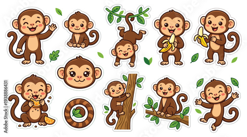 A delightful collection of cute cartoon monkeys engaged in various playful activities, set against a clean white background.