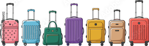 Colorful travel suitcases, rolling luggage bags, tourist baggage, vacation trip equipment, holiday travel accessories, isolated vector cartoon illustration