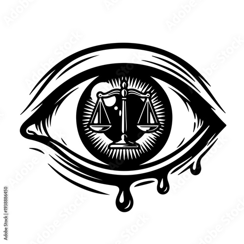 Minimalist black and white icon of an unblinded eye, symbolizing modern justice, awareness of social inequality, and transparency in law