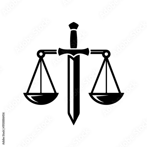 Classic minimalist black and white icon of the scales of justice with a vertical sword, symbolizing law enforcement, judicial authority, and fair judgment