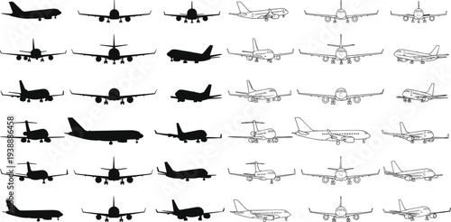 Commercial airplane silhouettes and line art icons, passenger jet planes in various angles for aviation travel and transport design, aircraft flight, isolated vector illustrations
