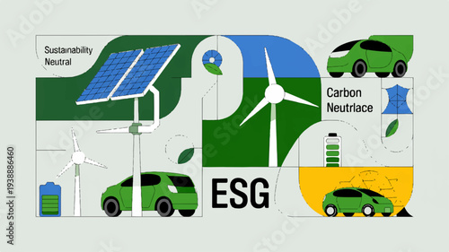 Esg concept with eco friendly cars solar panels and wind turbines for sustainability goals