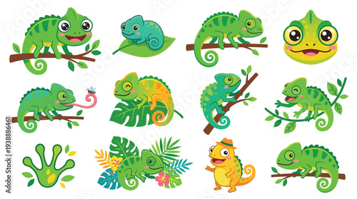 Collection of cute cartoon chameleons in various poses and settings, showcasing their vibrant colors and unique features.