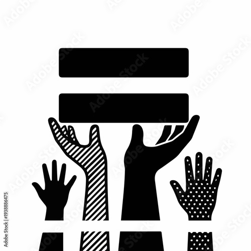 Minimalist black and white icon of diverse hands supporting an equal sign, symbolizing collective action for social equality and human rights