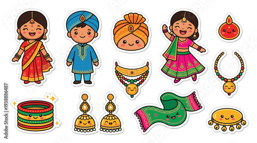 A vibrant collection of cute Indian cultural elements, including traditional attire, jewelry, and decorative items, presented in a playful cartoon style.