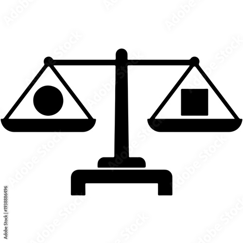 Minimalist balance scale icon with diverse shapes symbolizing social equity, inclusion, and perfect equilibrium