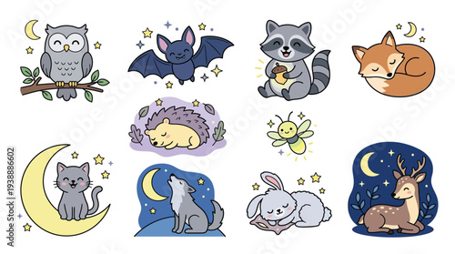 A charming collection of cute nocturnal animals and celestial elements, perfect for children's designs and themes.