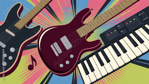 Electric guitars and keyboard on colorful musical background with notes