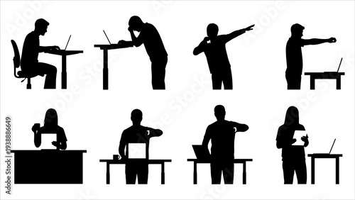Silhouetted figures working at desks in various poses and actions from different viewpoints