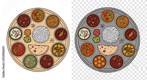 Top view of festive rice platter with colorful side dishes