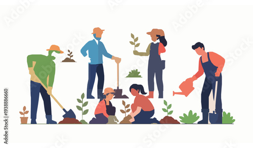 People planting trees together eco volunteers gardening in park flat vector illustration