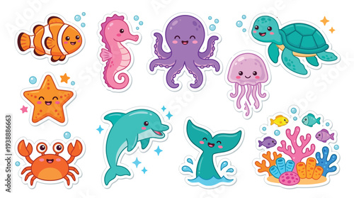 A vibrant collection of cute cartoon sea creatures and marine life, including a clownfish, seahorse, octopus, jellyfish, starfish, dolphin, whale tail, and coral reef with fish.
