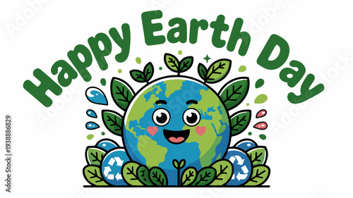 Happy earth day cartoon globe with leaves and recycling symbols eco friendly celebration