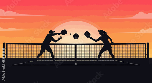 Pickleball players at sunset on court with net silhouette scene