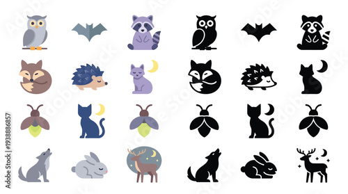 Collection of stylized forest animal icons, both in color and silhouette, featuring owls, bats, raccoons, foxes, hedgehogs, cats, fireflies, wolves, rabbits, and deer.