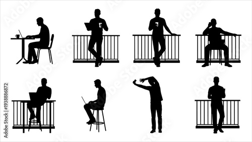 Silhouetted workers in various poses and activities near railings and furniture, captured from different viewpoints in a vector illustration
