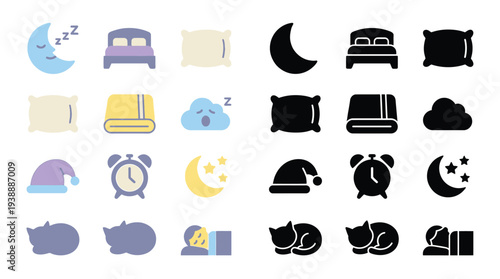 Collection of sleep-related icons including moons, beds, pillows, sleeping caps, alarms, clouds, and cats.