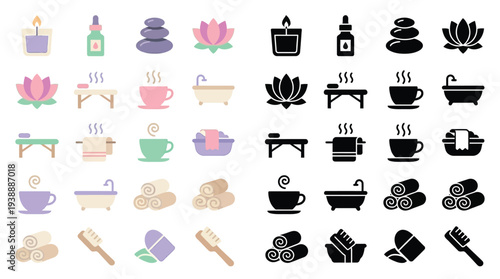 A collection of spa and wellness icons, presented in both color and silhouette, featuring items like candles, massage tables, hot stones, and lotus flowers.