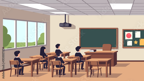 Classroom scene with students seated at desks facing a teacher's desk and blackboard in a well-lit room with windows and a flag