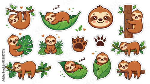 Collection of cute cartoon sloths in various adorable poses, surrounded by lush green leaves and branches, perfect for stickers and children's designs.