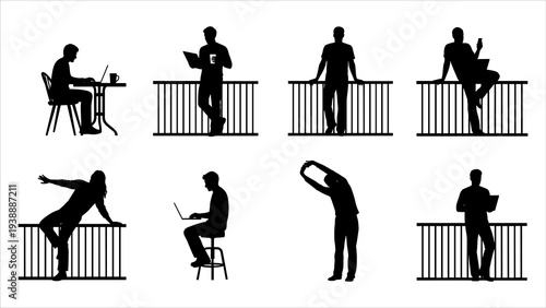 Silhouetted figures performing various actions on balconies, showcasing diverse activities in a urban setting from a distant viewpoint