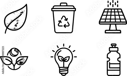 Green living and recycling icon set, clean black outline nature symbols.